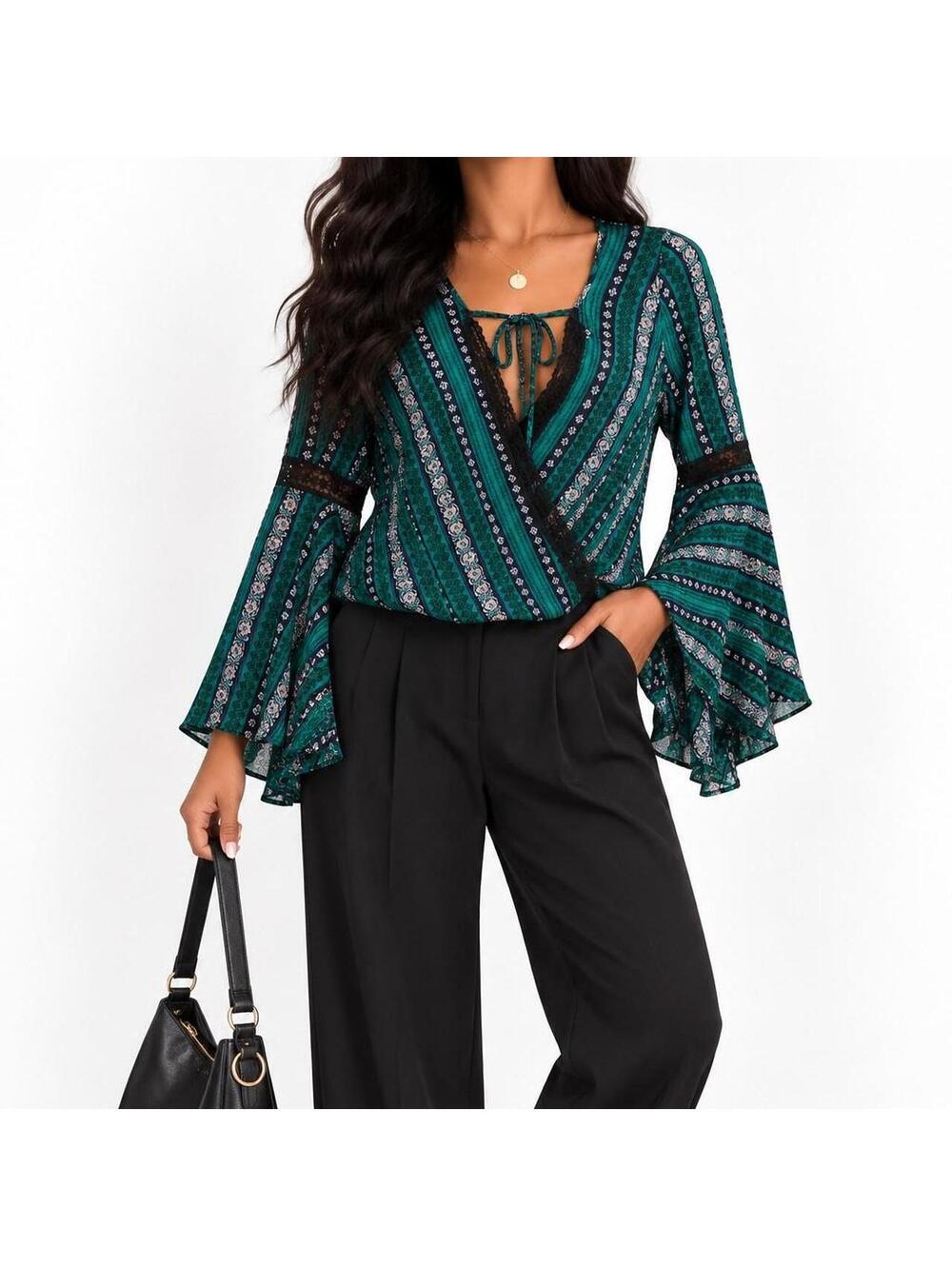 Whimsigoth Boho Bell Sleeve Wrap-Look Top | Size L